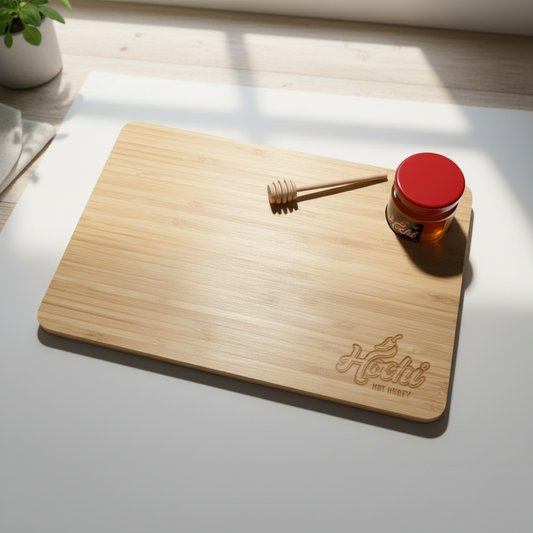 Custom Hochi Hot Honey Bamboo Cutting Board Bundle — Board + 70g Jar + Honey Stick
